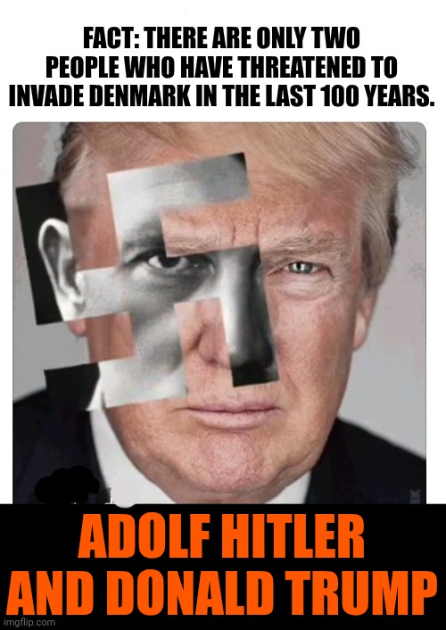The Ugliest Nazi | FACT: THERE ARE ONLY TWO PEOPLE WHO HAVE THREATENED TO INVADE DENMARK IN THE LAST 100 YEARS. ADOLF HITLER AND DONALD TRUMP | image tagged in memes,maga,maga nazis,donald trump the clown,nazi clown,donald trump is a nazi | made w/ Imgflip meme maker