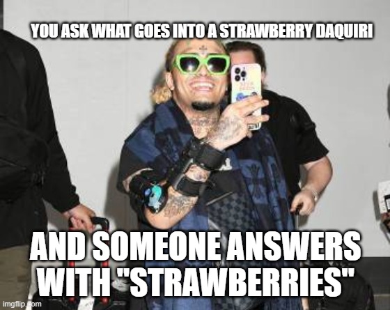 stating the obvious | YOU ASK WHAT GOES INTO A STRAWBERRY DAQUIRI; AND SOMEONE ANSWERS WITH "STRAWBERRIES" | image tagged in drinking,beach | made w/ Imgflip meme maker