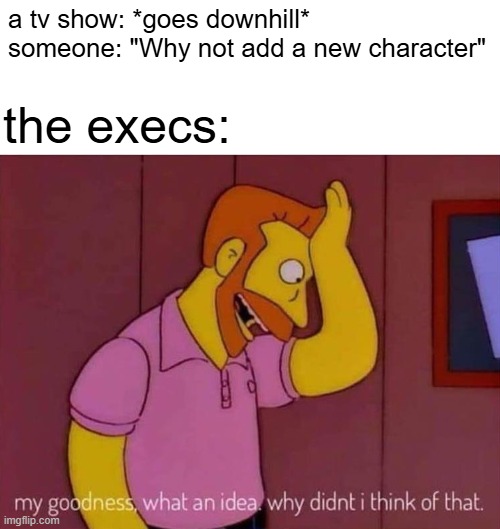 Fairly Oddparents is a good example | a tv show: *goes downhill*
someone: "Why not add a new character"; the execs: | image tagged in my goodness what an idea why didn't i think of that,funny,memes,tv shows,relatable,after all why not | made w/ Imgflip meme maker