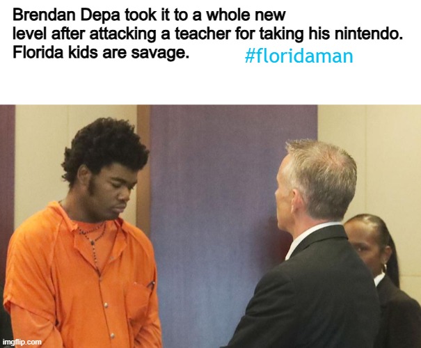Florida man crashes out over game | Brendan Depa took it to a whole new level after attacking a teacher for taking his nintendo. 
Florida kids are savage. #floridaman | image tagged in gaming,florida man | made w/ Imgflip meme maker