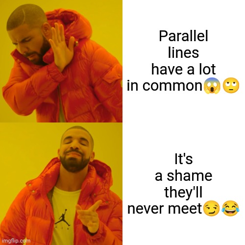 Drake Hotline Bling | Parallel lines have a lot in common😱🙄; It's a shame they'll never meet😏😂 | image tagged in memes,drake hotline bling | made w/ Imgflip meme maker