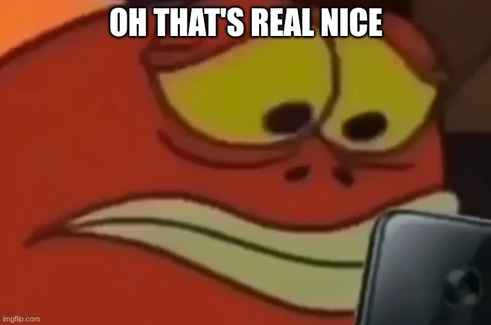 Spongebob Fish Looking at Phone | OH THAT'S REAL NICE | image tagged in spongebob fish looking at phone | made w/ Imgflip meme maker