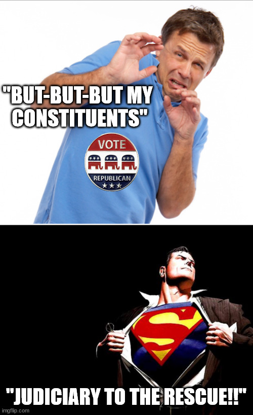 "BUT-BUT-BUT MY
 CONSTITUENTS" "JUDICIARY TO THE RESCUE!!" | image tagged in cowering man,superman | made w/ Imgflip meme maker
