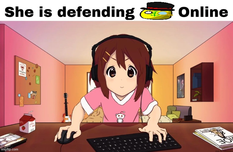 she is defending *blank* online | image tagged in she is defending blank online | made w/ Imgflip meme maker