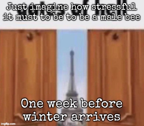 The gates of hell | Just imagine how stressful it must to be to be a male bee; One week before winter arrives | image tagged in the gates of hell,msmg,bees | made w/ Imgflip meme maker