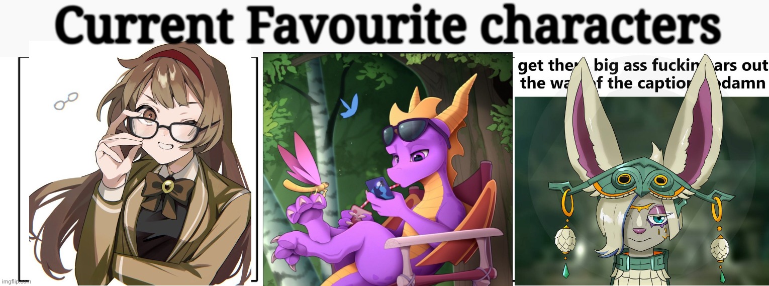 Gn chat | Current Favourite characters | image tagged in 1x3 comic panel blank | made w/ Imgflip meme maker