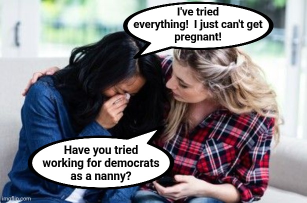 That'll do the trick! | I've tried
everything!  I just can't get
pregnant! Have you tried
working for democrats
as a nanny? | image tagged in memes,pregnancy,democrats,nanny | made w/ Imgflip meme maker