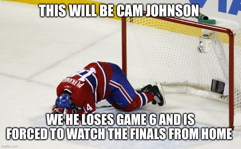 hockey goalie on face | THIS WILL BE CAM JOHNSON; WE HE LOSES GAME 6 AND IS FORCED TO WATCH THE FINALS FROM HOME | image tagged in hockey goalie on face | made w/ Imgflip meme maker