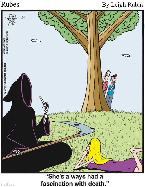 Rubes; By Leigh Rubin | image tagged in comics,rubes,death,fascination | made w/ Imgflip meme maker