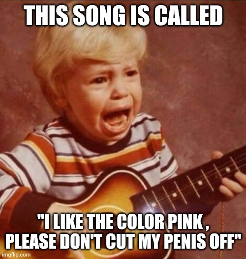 Guitar crying kid | THIS SONG IS CALLED "I LIKE THE COLOR PINK , PLEASE DON'T CUT MY PENIS OFF" | image tagged in guitar crying kid | made w/ Imgflip meme maker