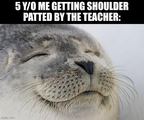 ye :D | 5 Y/O ME GETTING SHOULDER PATTED BY THE TEACHER: | image tagged in memes,satisfied seal,relatable,school | made w/ Imgflip meme maker