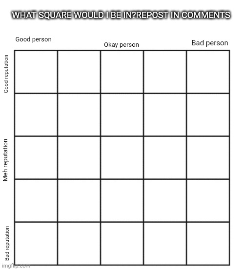 Im bored,just wanna know | WHAT SQUARE WOULD I BE IN?REPOST IN COMMENTS; Good person; Bad person; Okay person; Good reputation; Meh reputation; Bad reputation | image tagged in blank five by five bingo grid | made w/ Imgflip meme maker