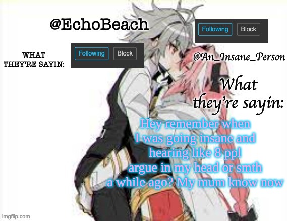 EchoBeach and InsanePerson shared temp :3 | Hey remember when I was going insane and hearing like 8 ppl argue in my head or smth a while ago? My mum know now | image tagged in echobeach and insaneperson shared temp 3 | made w/ Imgflip meme maker