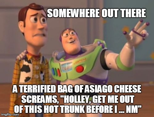  Forgotten and Terrified Cheese | SOMEWHERE OUT THERE A TERRIFIED BAG OF ASIAGO CHEESE SCREAMS, "HOLLEY, GET ME OUT OF THIS HOT TRUNK BEFORE I ... NM" | image tagged in memes,forgotten food,cheese abuse,somewhere out there,asiago cheese,holley,x x everywhere | made w/ Imgflip meme maker