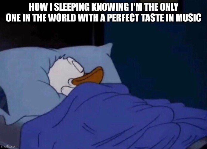 Sleeping Donald Duck | HOW I SLEEPING KNOWING I'M THE ONLY ONE IN THE WORLD WITH A PERFECT TASTE IN MUSIC | image tagged in sleeping donald duck,music | made w/ Imgflip meme maker