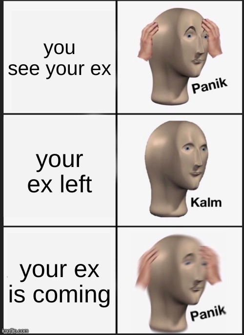 Panik Kalm Panik Meme | you see your ex; your ex left; your ex is coming | image tagged in memes,panik kalm panik | made w/ Imgflip meme maker