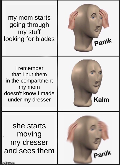 i bee shaking bro | my mom starts going through my stuff looking for blades; I remember that I put them in the compartment my mom doesn't know I made under my dresser; she starts moving my dresser and sees them | image tagged in memes,panik kalm panik | made w/ Imgflip meme maker