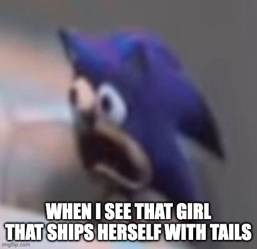 LIKE HES 8!!! | WHEN I SEE THAT GIRL THAT SHIPS HERSELF WITH TAILS | image tagged in traumatised sonic,memes,sonic,freaky,tails,tails the fox | made w/ Imgflip meme maker