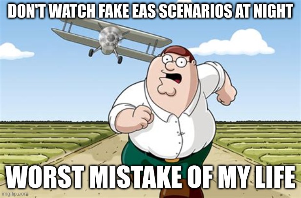 Worst mistake of my life | DON'T WATCH FAKE EAS SCENARIOS AT NIGHT; WORST MISTAKE OF MY LIFE | image tagged in worst mistake of my life | made w/ Imgflip meme maker