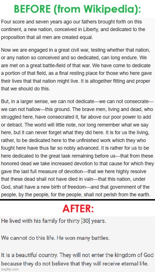 Gettysburg Address, Run Through Every Google Translate Language | image tagged in memes,google translate,history,before and after,telephone,lol | made w/ Imgflip meme maker