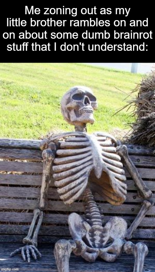 :-0 | Me zoning out as my little brother rambles on and on about some dumb brainrot stuff that I don't understand: | image tagged in memes,waiting skeleton | made w/ Imgflip meme maker
