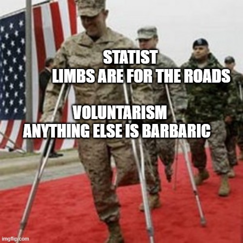 veterans lose money | STATIST           LIMBS ARE FOR THE ROADS; VOLUNTARISM ANYTHING ELSE IS BARBARIC | image tagged in veterans lose money | made w/ Imgflip meme maker