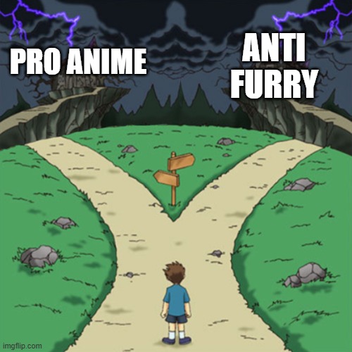 I have nothing against anti anime and furries as a of now | ANTI FURRY; PRO ANIME | image tagged in two paths but both are bad,anti furry,pro anime,anti anime,furry | made w/ Imgflip meme maker