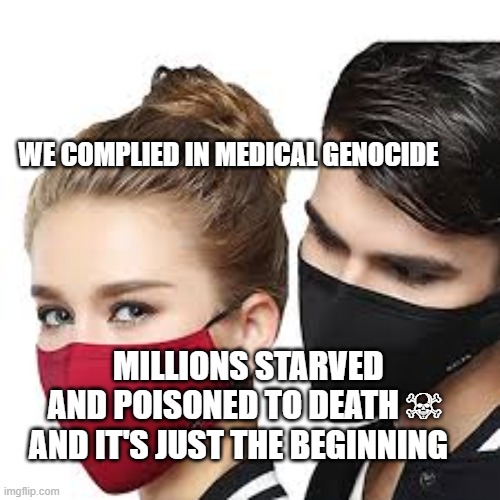 Mask Couple | WE COMPLIED IN MEDICAL GENOCIDE; MILLIONS STARVED AND POISONED TO DEATH ☠ AND IT'S JUST THE BEGINNING | image tagged in mask couple | made w/ Imgflip meme maker