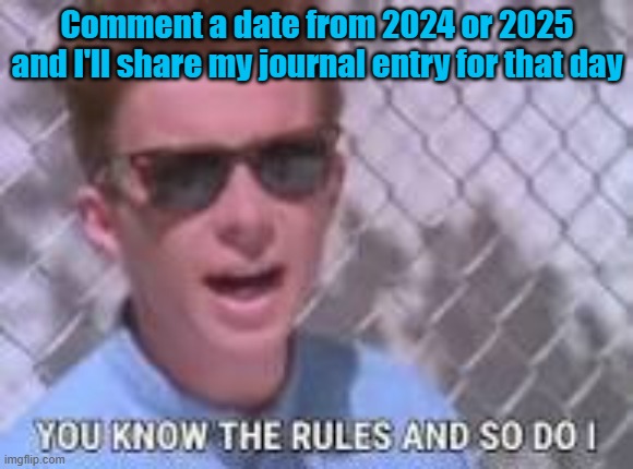 Part 7(?) | Comment a date from 2024 or 2025 and I'll share my journal entry for that day | image tagged in you know the rules and so do i | made w/ Imgflip meme maker