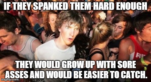 Sudden Clarity Clarence Meme | IF THEY SPANKED THEM HARD ENOUGH THEY WOULD GROW UP WITH SORE ASSES AND WOULD BE EASIER TO CATCH. | image tagged in memes,sudden clarity clarence | made w/ Imgflip meme maker