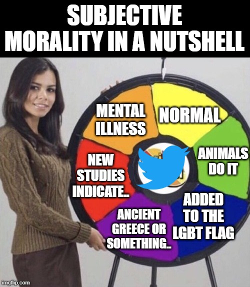 Spin the wheel and get ready to change places | SUBJECTIVE MORALITY IN A NUTSHELL; NORMAL; MENTAL ILLNESS; ANIMALS DO IT; NEW STUDIES INDICATE.. ADDED TO THE LGBT FLAG; ANCIENT GREECE OR SOMETHING.. | image tagged in six parts wheel | made w/ Imgflip meme maker