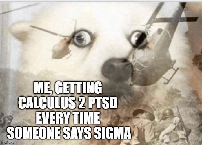 PTSD dog | ME, GETTING 
CALCULUS 2 PTSD 
EVERY TIME 
SOMEONE SAYS SIGMA | image tagged in ptsd dog | made w/ Imgflip meme maker