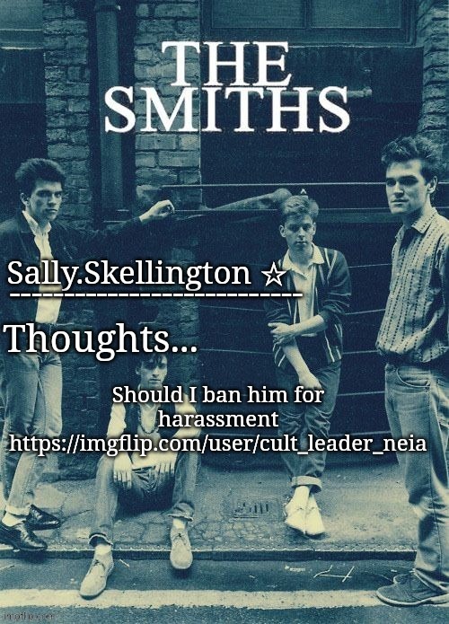https://imgflip.com/user/cult_leader_neia | Should I ban him for harassment https://imgflip.com/user/cult_leader_neia | image tagged in sally's temp | made w/ Imgflip meme maker