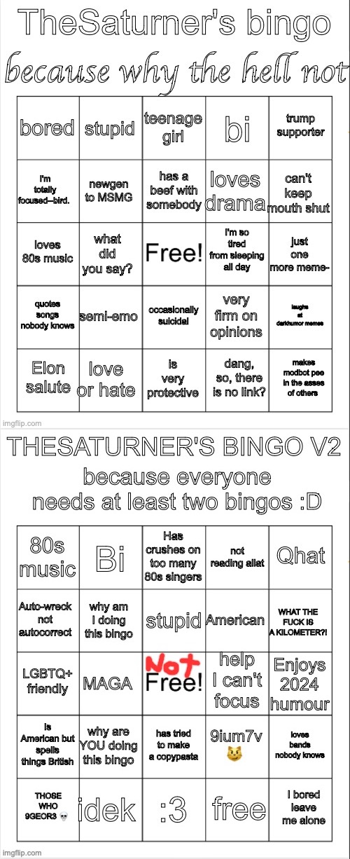 Someone once dared me to make my username TheSaturner, and I did :D | image tagged in saturner's bingo thingy,thesaturner's bingo v2 | made w/ Imgflip meme maker