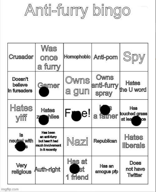 Anti-Furry bingo | image tagged in anti-furry bingo | made w/ Imgflip meme maker