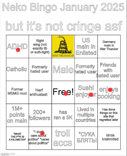 Formerly hated user is on there twice (I’m not hated am I?) | image tagged in neko jan 2025 bingo but it's not cringe asf | made w/ Imgflip meme maker