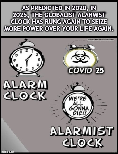 AS PREDICTED IN 2020, IN 2025, THE GLOBALIST ALARMIST CLOCK HAS RUNG AGAIN TO SEIZE MORE POWER OVER YOUR LIFE AGAIN. 25 | made w/ Imgflip meme maker