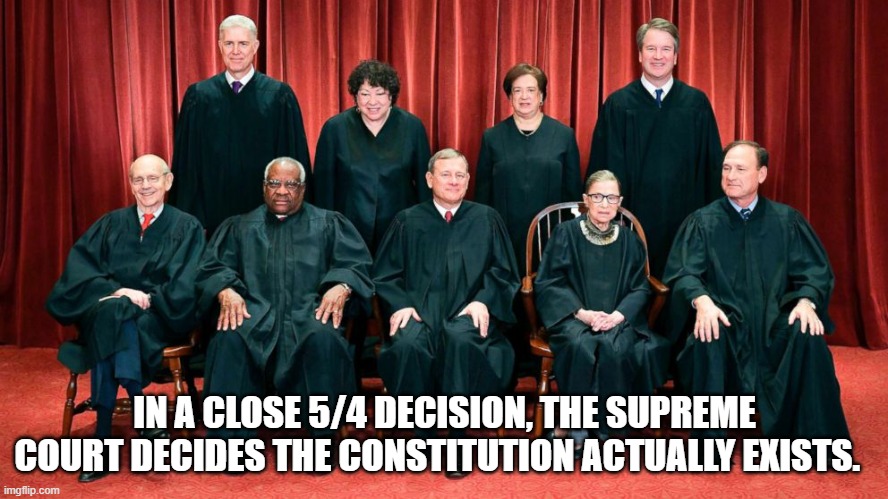 Shocking! | IN A CLOSE 5/4 DECISION, THE SUPREME COURT DECIDES THE CONSTITUTION ACTUALLY EXISTS. | image tagged in supreme court | made w/ Imgflip meme maker