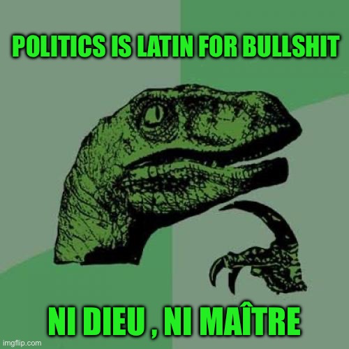 Philosoraptor | POLITICS IS LATIN FOR BULLSHIT; NI DIEU , NI MAÎTRE | image tagged in memes,philosoraptor | made w/ Imgflip meme maker