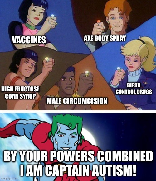 Captain Autism | VACCINES; AXE BODY SPRAY; BIRTH CONTROL DRUGS; HIGH FRUCTOSE CORN SYRUP; MALE CIRCUMCISION; BY YOUR POWERS COMBINED I AM CAPTAIN AUTISM! | image tagged in captain planet with everybody | made w/ Imgflip meme maker