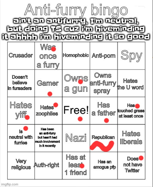 Anti-Furry bingo | ain't an antifurry, I'm neutral, but doing TS cuz i'm hiveminding it ahhhh i'm hiveminding it so good | image tagged in anti-furry bingo | made w/ Imgflip meme maker