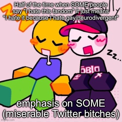 Gayass noob temp | Half of the time when SOME people say "I hate this fandom" it just means "I hate it because I hate gay/neurodivergent"; emphasis on SOME (miserable Twitter bitches) | image tagged in guest noob i think | made w/ Imgflip meme maker