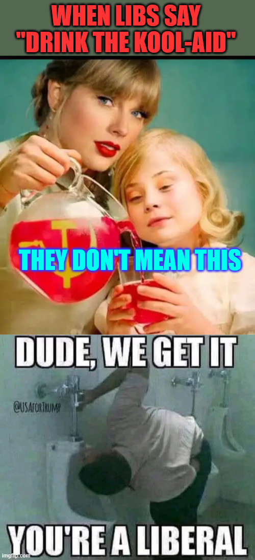 Dude we get it | WHEN LIBS SAY "DRINK THE KOOL-AID"; THEY DON'T MEAN THIS | image tagged in libs,drink the kool aid meaning | made w/ Imgflip meme maker