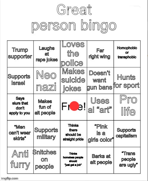 clap it up for the first bingo where i legit could not agree with a single standpoint | image tagged in great person bingo | made w/ Imgflip meme maker
