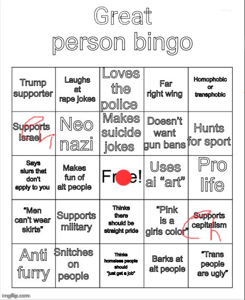 the more fill out the less great person you are | image tagged in great person bingo | made w/ Imgflip meme maker