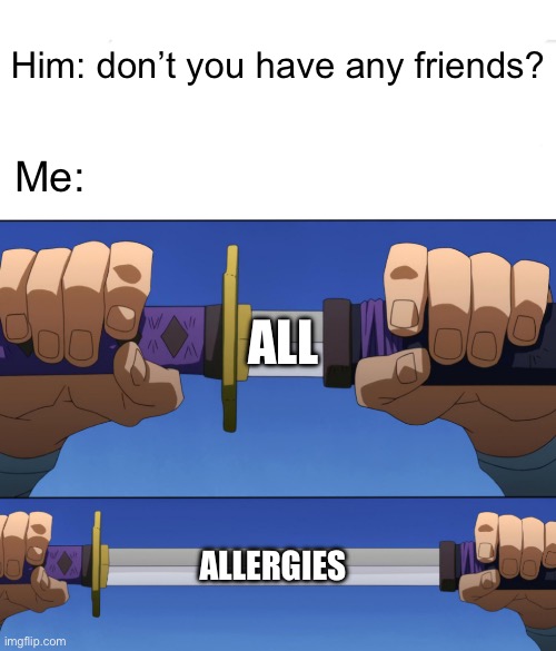 AllerG’s | Him: don’t you have any friends? Me:; ALL; ALLERGIES | image tagged in unsheathing sword | made w/ Imgflip meme maker