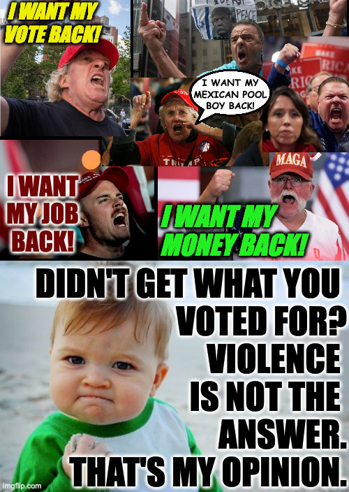Let people know how you feel. | I WANT MY VOTE BACK! I WANT MY
MEXICAN POOL
BOY BACK! I WANT
MY JOB
BACK! I WANT MY
MONEY BACK! DIDN'T GET WHAT YOU 
VOTED FOR?
VIOLENCE 
IS NOT THE 
ANSWER.
THAT'S MY OPINION. | image tagged in memes,success kid original,karma | made w/ Imgflip meme maker
