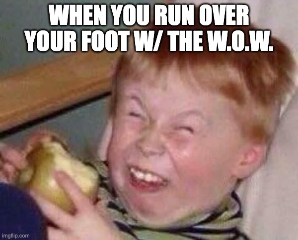 Apple eating kid | WHEN YOU RUN OVER YOUR FOOT W/ THE W.O.W. | image tagged in apple eating kid | made w/ Imgflip meme maker