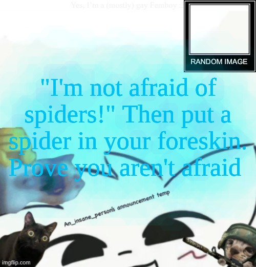 Stole this from Satan herself on Tumblr | "I'm not afraid of spiders!" Then put a spider in your foreskin. Prove you aren't afraid | image tagged in my lil announcement | made w/ Imgflip meme maker