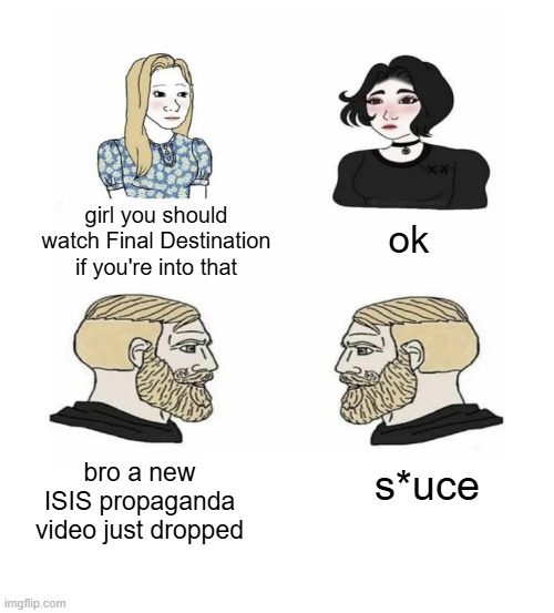 . | ok; girl you should watch Final Destination if you're into that; s*uce; bro a new ISIS propaganda video just dropped | image tagged in men vs women,blank white template | made w/ Imgflip meme maker